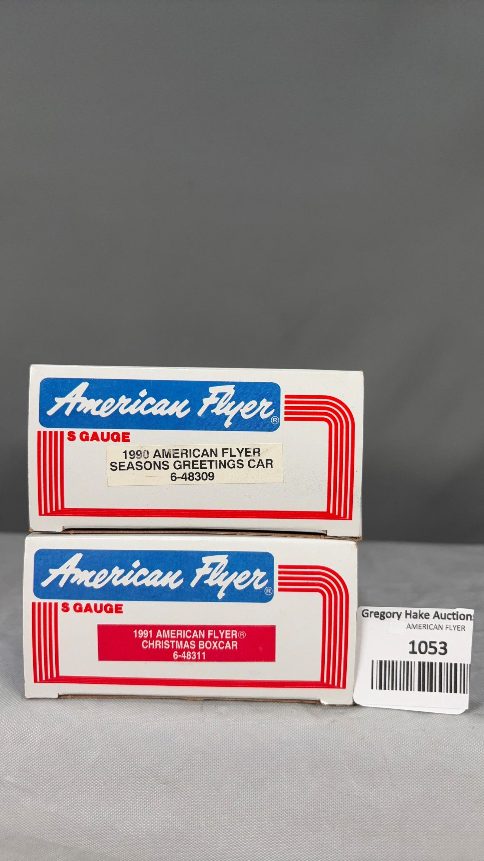 American Flyer 1990 Seasons Greetings 48309 Car and 1991 Christmas Boxcar #48311 w/obs - 2