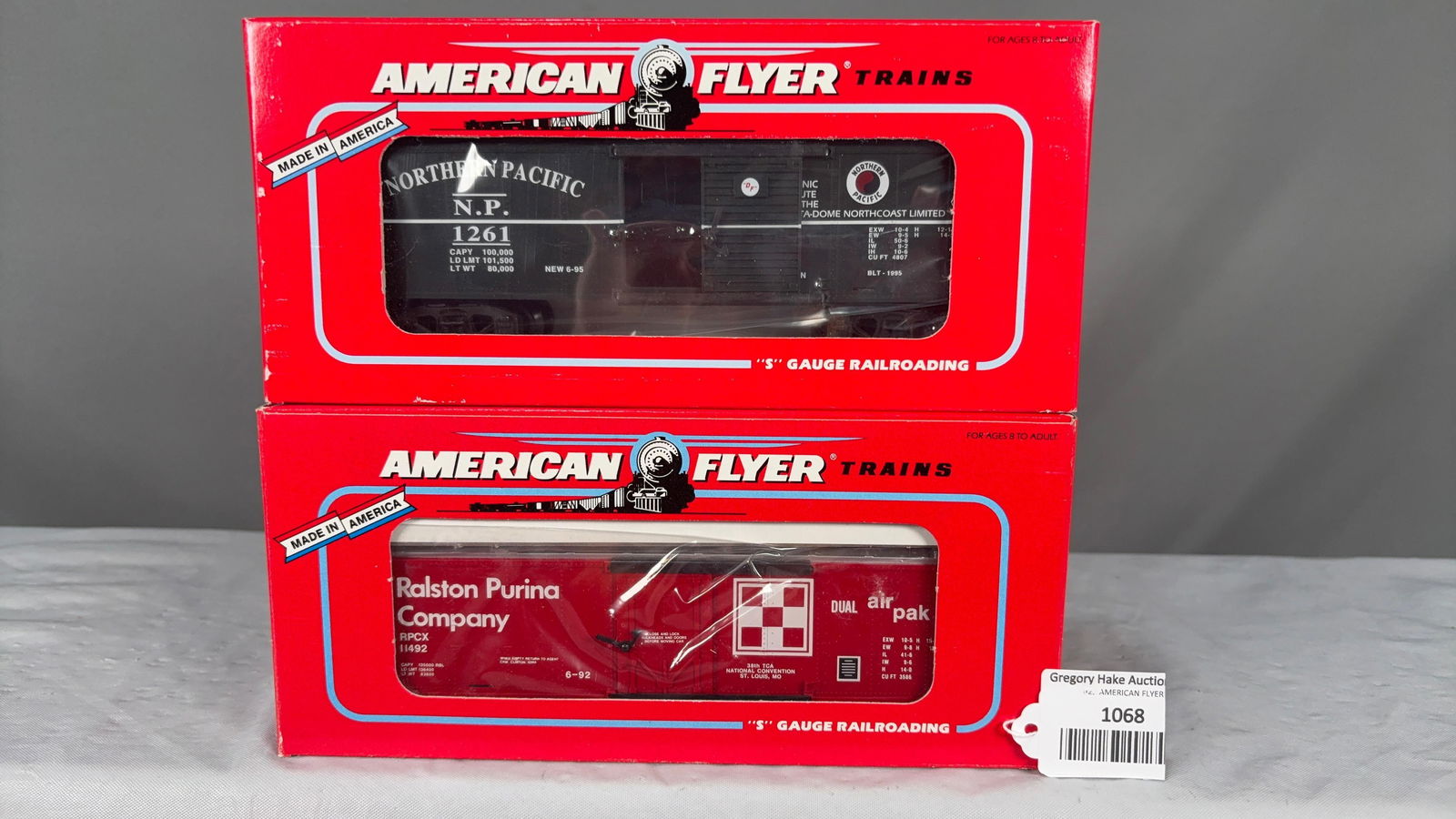 American Flyer TCA Northern Pacific Boxcar 48492 & 1992 TCA Ralston Purina Boxcar 48477 w/obs (1 of 2)