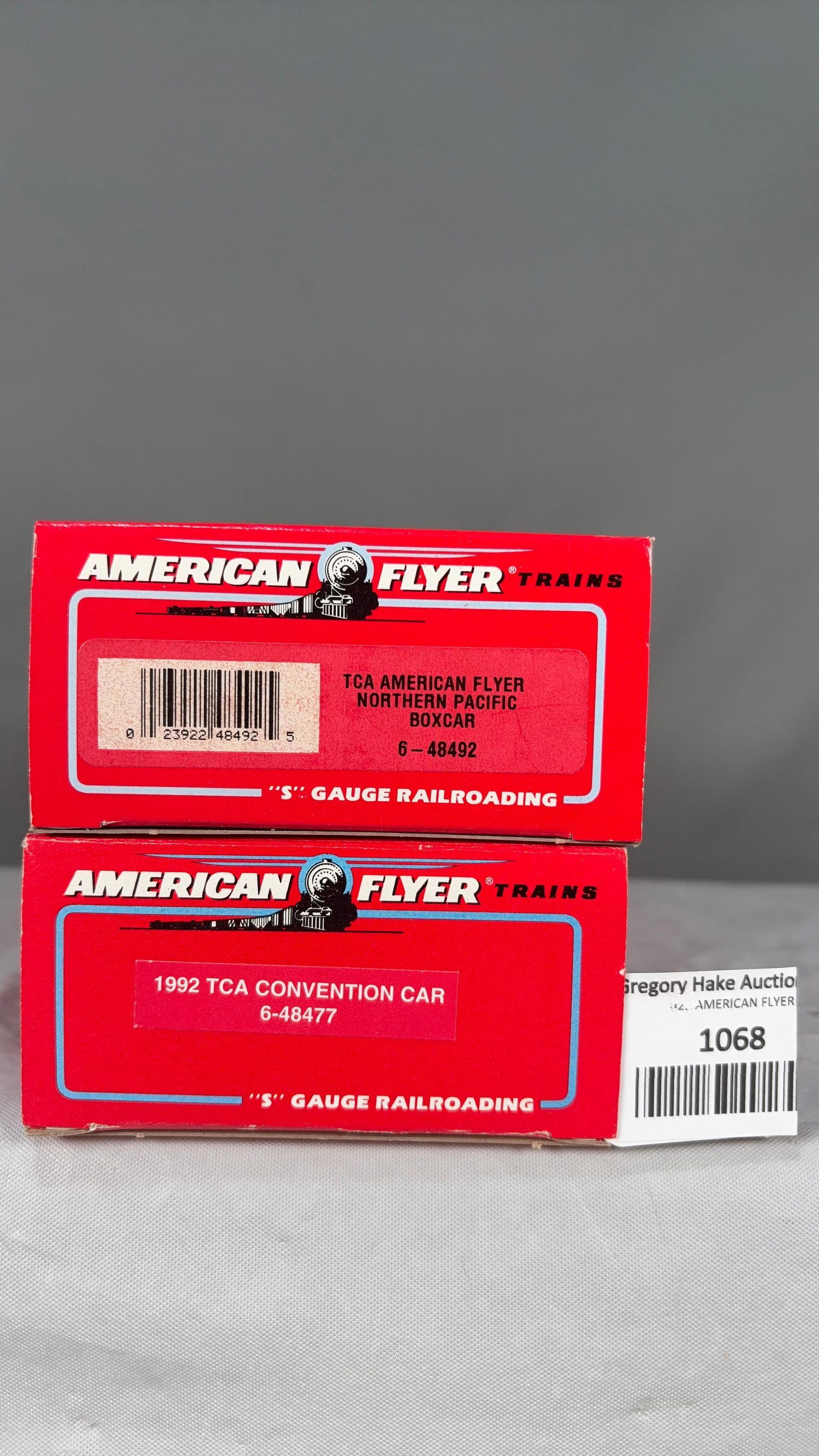 American Flyer TCA Northern Pacific Boxcar 48492 & 1992 TCA Ralston Purina Boxcar 48477 w/obs - 2