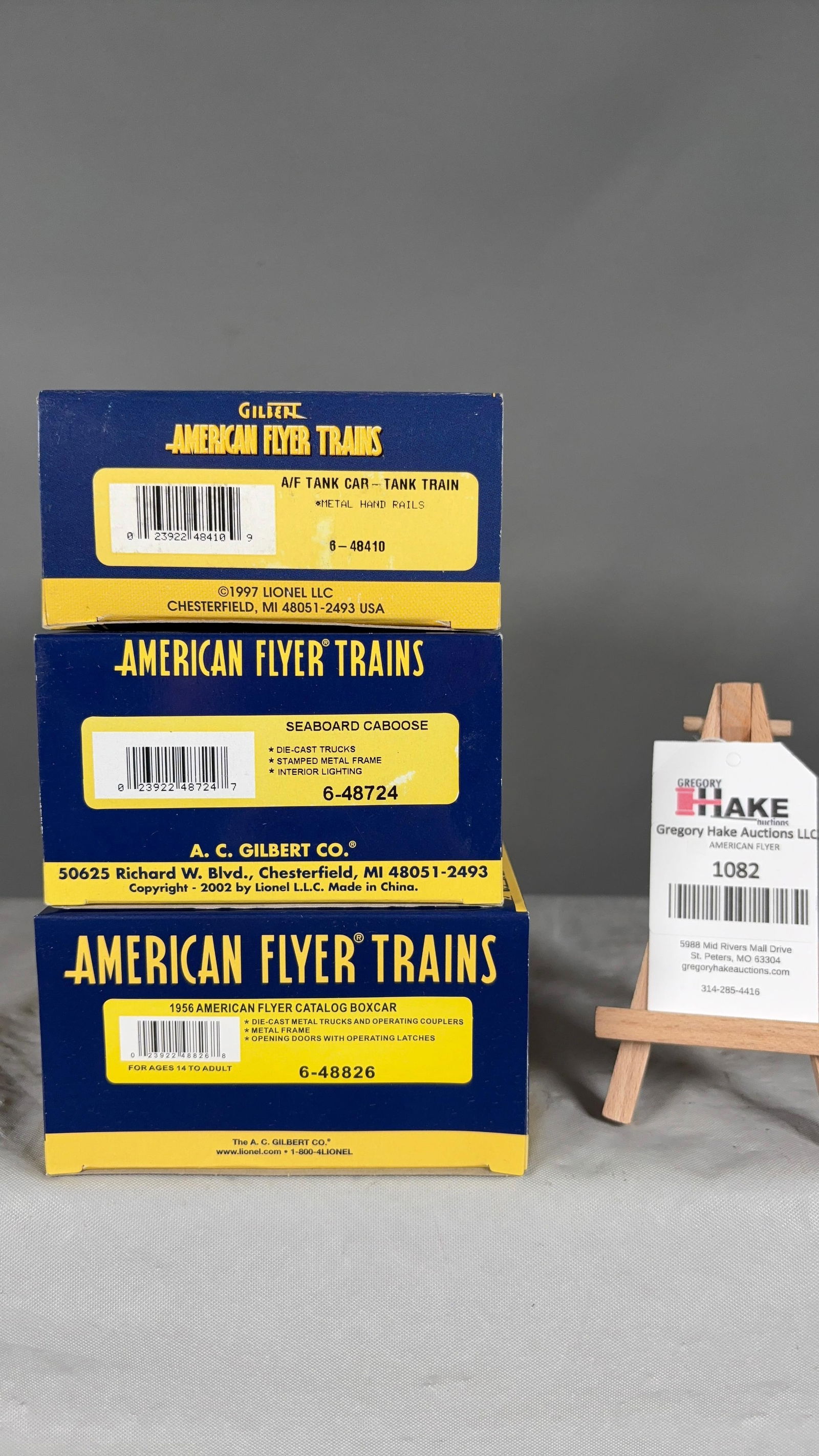 American Flyer 6-48410, 6-48724, 6-48826 w/ OB: American Flyer 6-48410 A/F Tank Car - Tank Train, 6-48724 Seaboard Caboose, 6-488261956 AF Catalog Boxcar w/ OB, C10 See photos for details.Size11x5x7