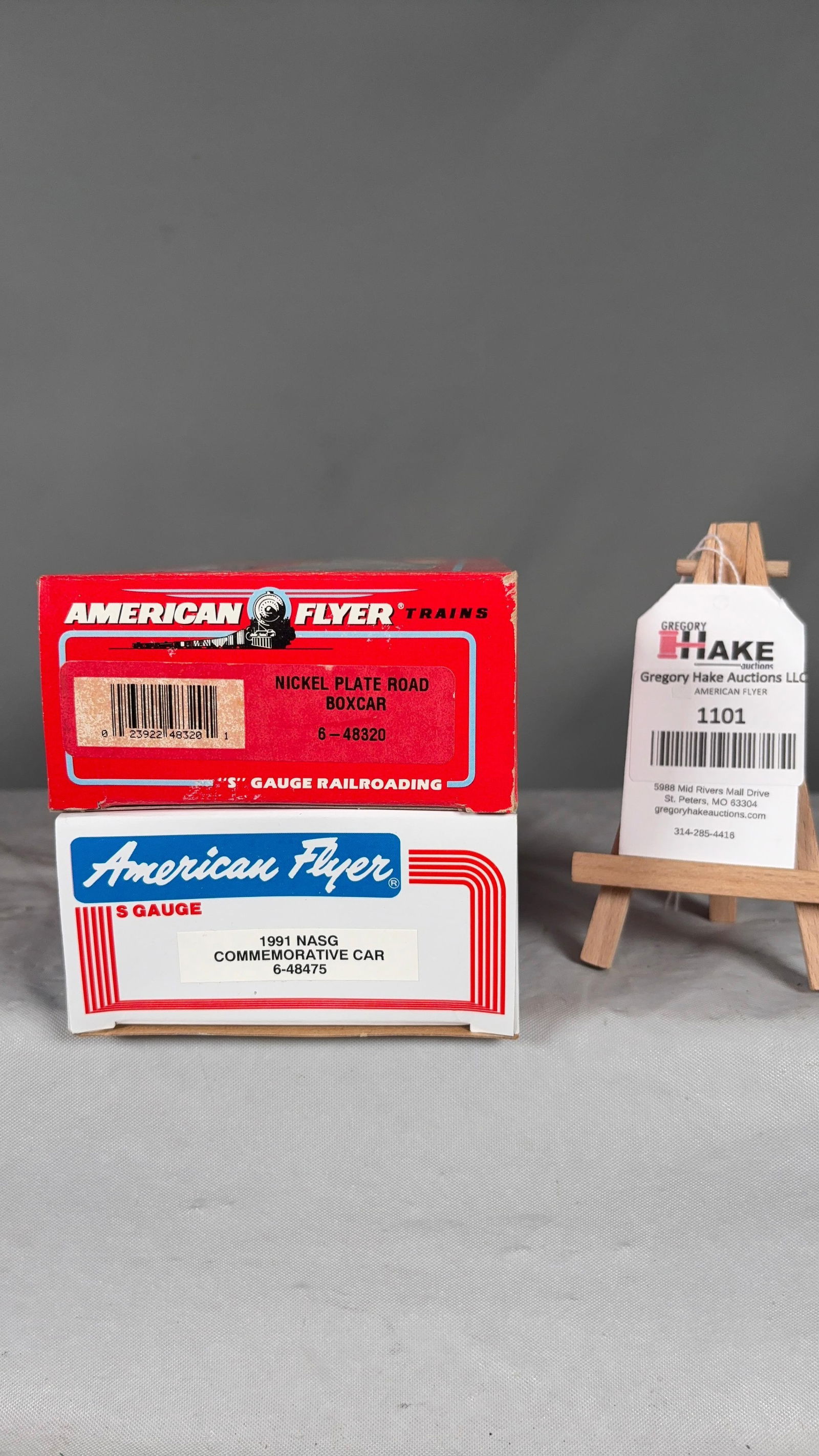 American Flyer 6-48475, 6-48320 w/ OB: American Flyer 6-48475 1991 NASG�Commenorative Car, 6-48320 Nickel Plate Road Boxcar w/ OBs.� C9 See photos for detailsSize10x5x5