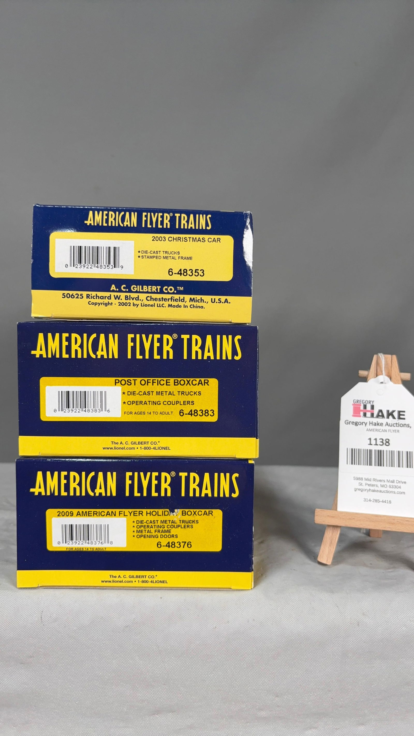 American Flyer 6-48353, 6-48383, 6-48376 w/ OB: American Flyer 6-48353 2003 Christmas Car, 6-48383 Post Office Boxcar, 6-48376 2009 Holiday Boxcar w/ OB C9 See photos for details C9Size11x5x8