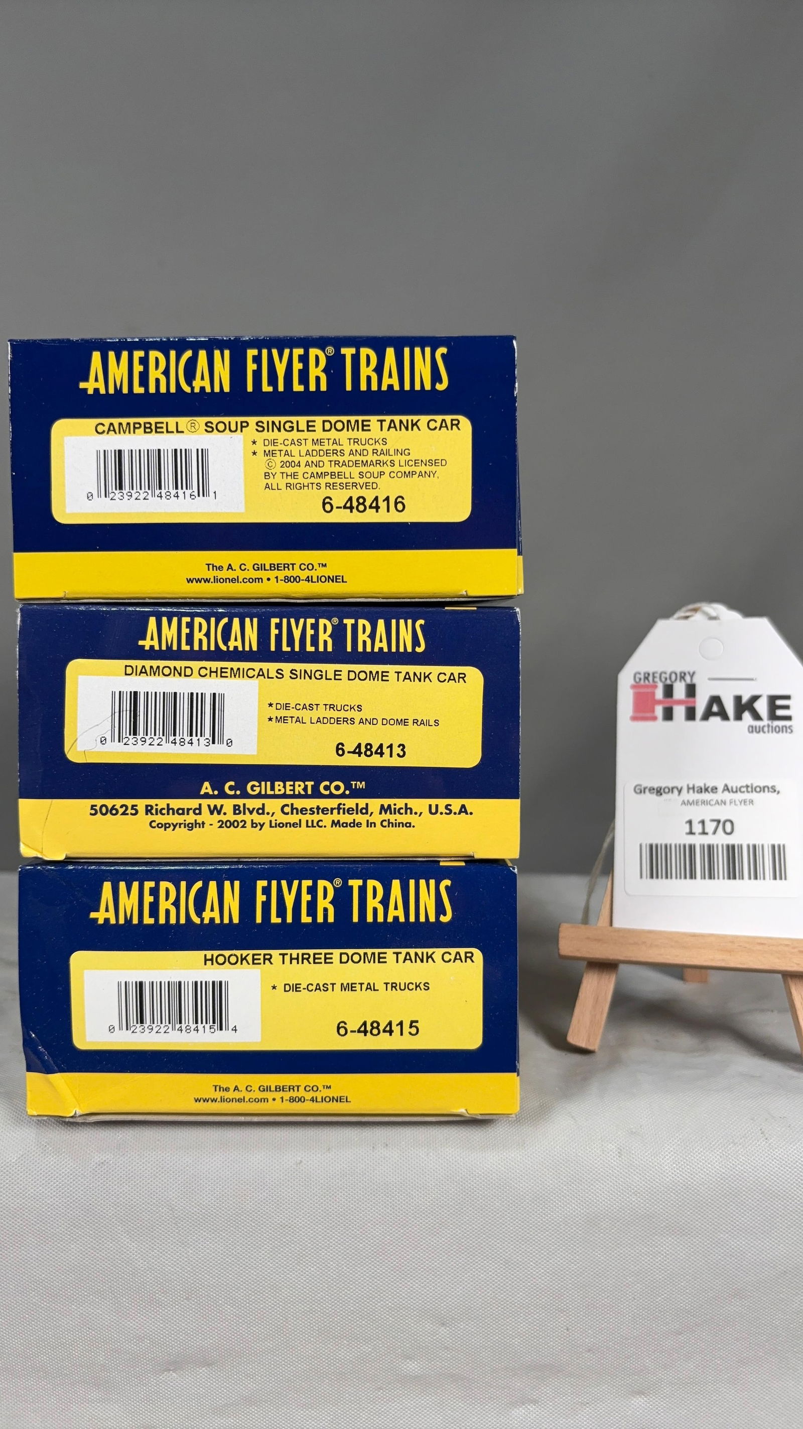 American Flyer 6-48413, 6-48415, 6-48416 w/ OB: American Flyer 6-48413 Diamond Chemicals Single Dome Tank Car, 6-48415 Hooker Three Dome Tank Car, 6-48416 Campbell Soup Single Dome Tank Car w/ OB. C9 See photos for details Size 11x5x8