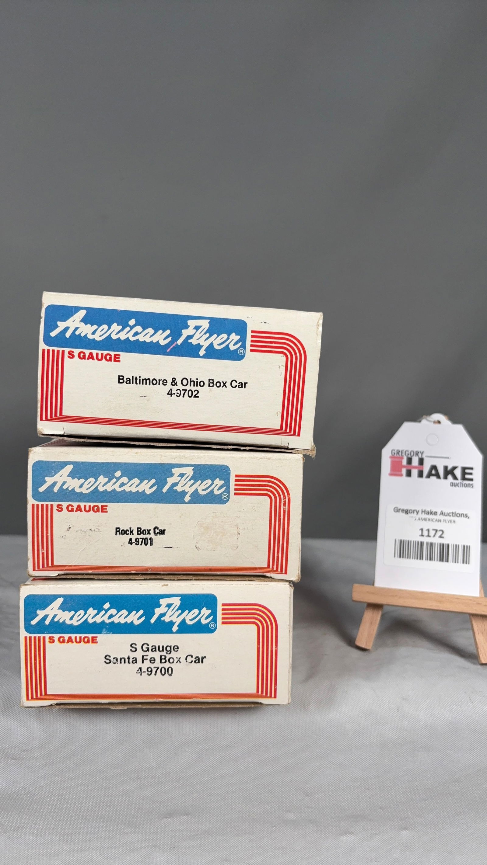 American Flyer 4-9702, 4-9701, 4-9700 w/ OB: American Flyer 4-9702 Baltimore and Ohio Box Car, 4-9701 Rock Box Car, 4-9700 S Gauge Santa Fe Box Car w/ OB. C9 See photos for details Size 11x5x8