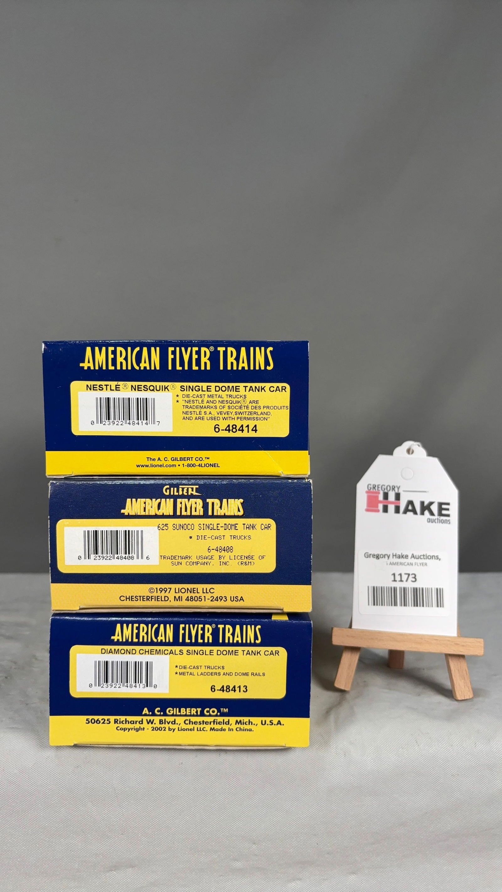American Flyer 6-48413, 6-48414, 6-48408 w/ OB: American Flyer 6-48413 Diamond Chemicals Single Dome Tank Car, 6-48414 Nestle Nesquik Single Dome Tank Car, 6-48408 625 Sunoco Single Dome Tank Car w/ OB. C9 See photos for detailsSize11x5x8