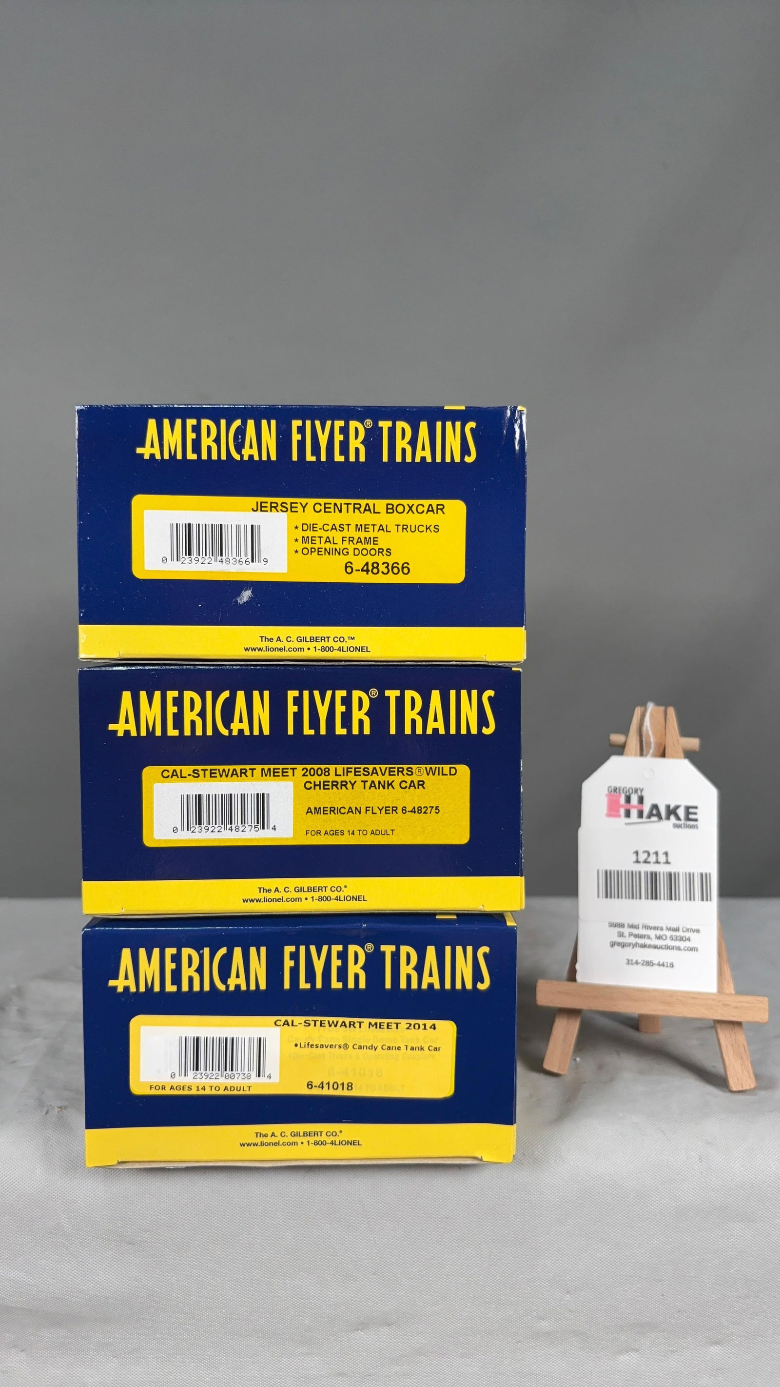 American Flyer 6-48366, 6-48275, 6-41018 w/ OB: American Flyer 6-48366 Jersey Central Boxcar, 6-48275 Cal-Stewart Meet 2008 Lifesavers Wild Cherry Tank Car, 6-41018 Cal-Stewart Meet 2014 Lifesavers Candy Cane Tank Car w/ OB, C10.Size11x5x8