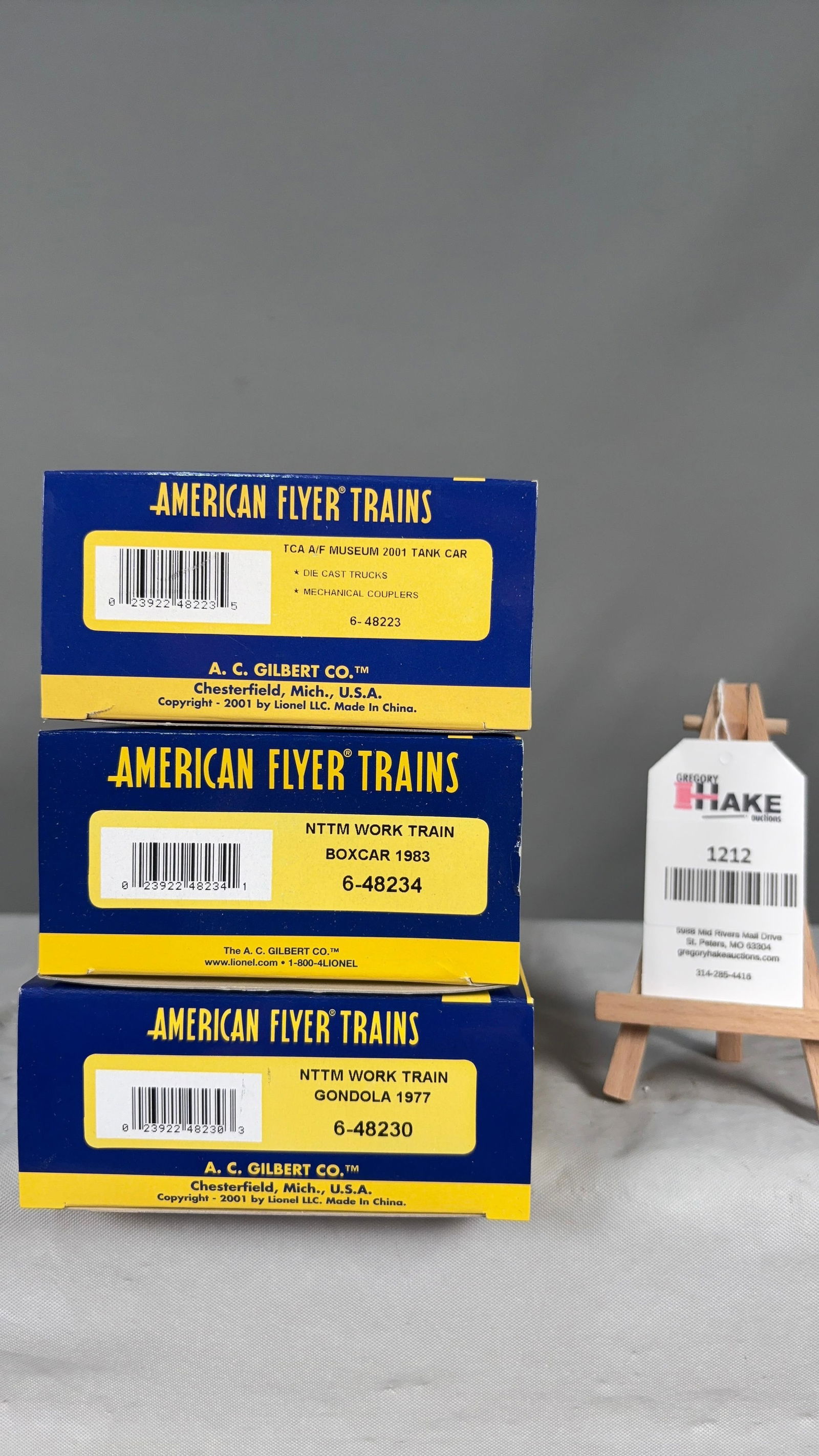 American Flyer 6-48234, 6-48223, 6-48230 w/ OB: American Flyer 6-48234 NTTM Work Train Boxcar 1983, 6-48223 TCA A/F Museum 2001 Tank Car, 6-48230 NTTM Work Train Gondola 1977 w/ OB, C10.Size11x5x8