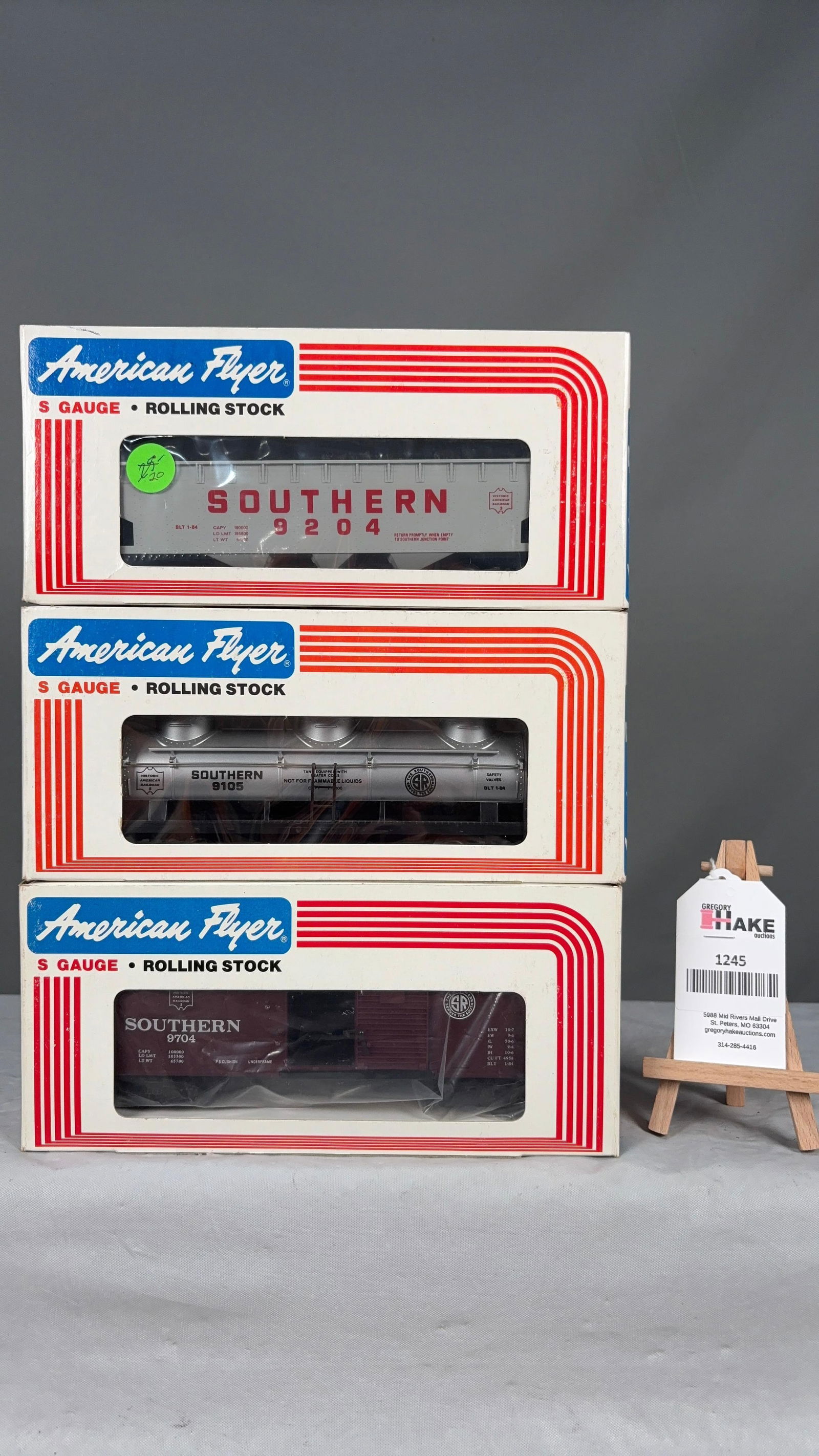3 American Flyer Southern Freight Cars - 9105 Tank Car, 9204 Hopper, 9704 Boxcar w/ OB's - 2