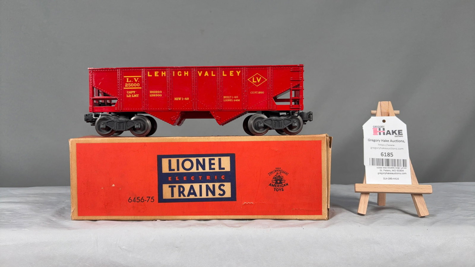 Lionel Postwar 6456-75 Yellow Lettered Lehigh Valley Hopper: Lionel Postwar 6456-75 Yellow Lettered Lehigh Valley Hopper. Just a few tiny paint nicks keep this car from being a C8. Original box is square and has great color and graphics.?