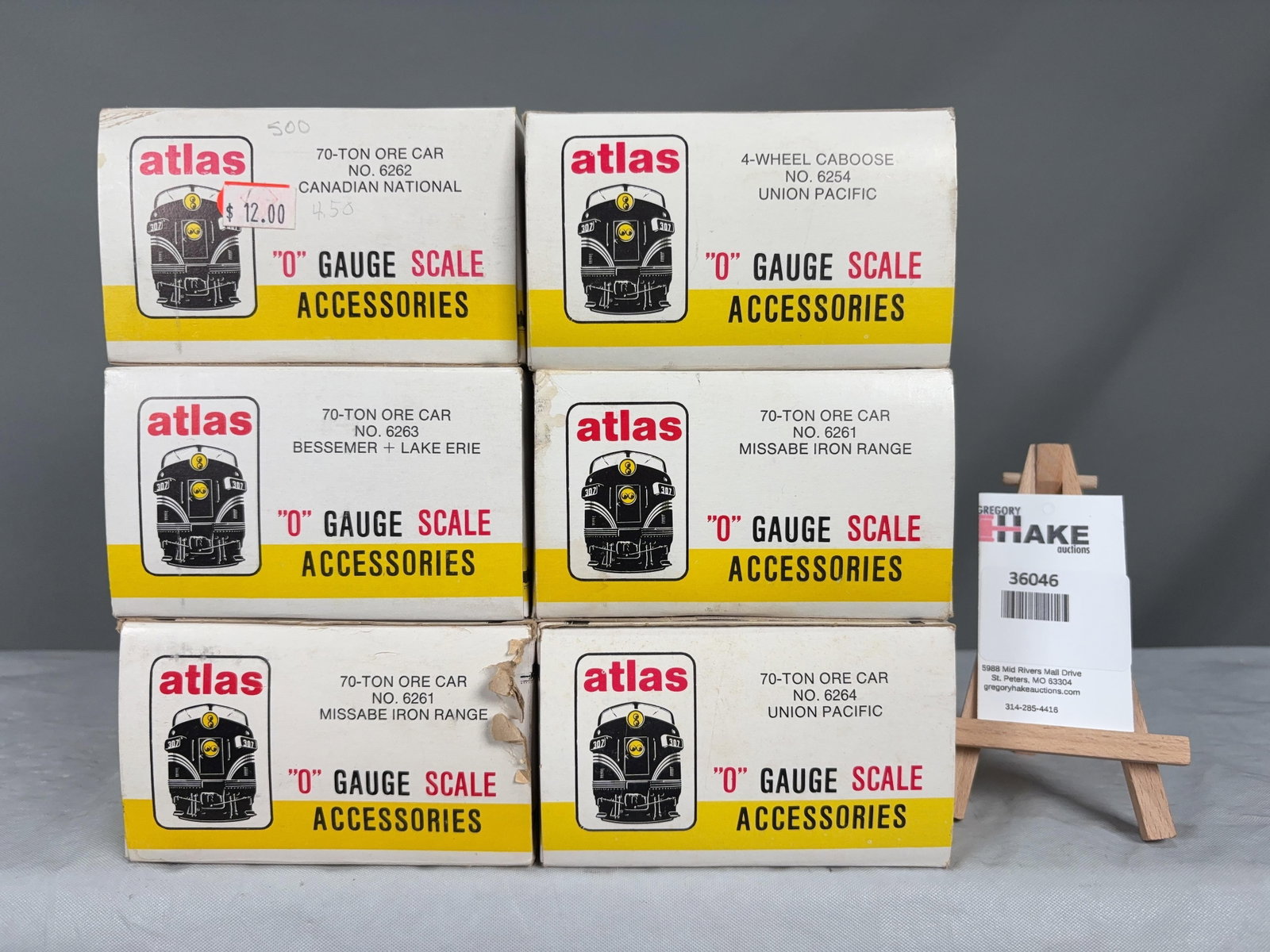 Six Atlas O Scale Freight cars w/OB's: Six Atlas O Scale Freight cars w/OB's CN Ore Car, 2-Missabe Iron Range Ore Cars, BLE Ore Car, UP Ore Car and UP Caboose w/OB's, C8 Size 10x10x9