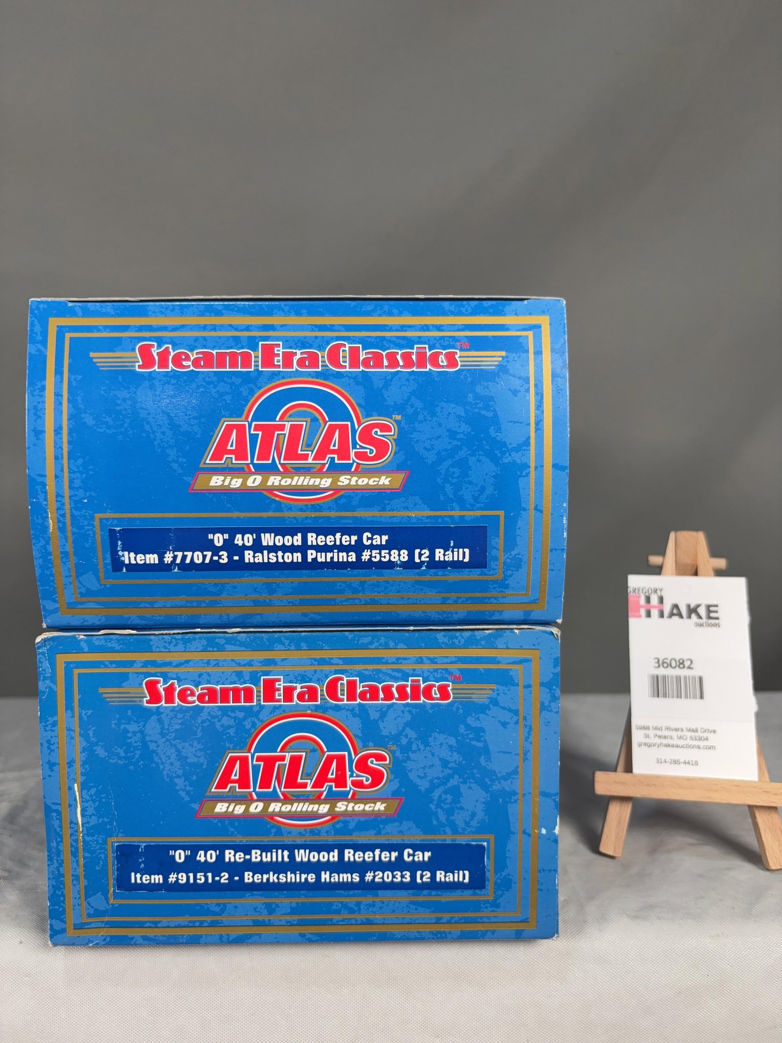 Atlas O Scale Reefer Cars w/OB's: Atlas O Scale Ralston Purina 7707-3 and Berkshire Hams 9151-2 Wood Reefer Cars w/OB's w/ OB, C8 Size 17x6x8