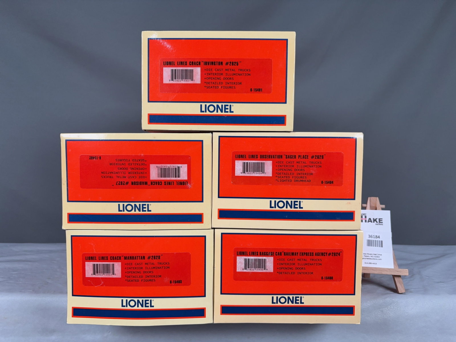 Lionel Lines Set of 5 Cars 15400, 15401, 15402, 15403, 15404 w/ OB: Lionel Lines Set of 5 Cars Baggage "Railway Express Agency 2624" 15400, Coach Irvington 2625" 15401, Observation "Sager Place 2626" 15404, Coach "Madison 2627" 15402, and Coach "Manhattan 2628" 15403