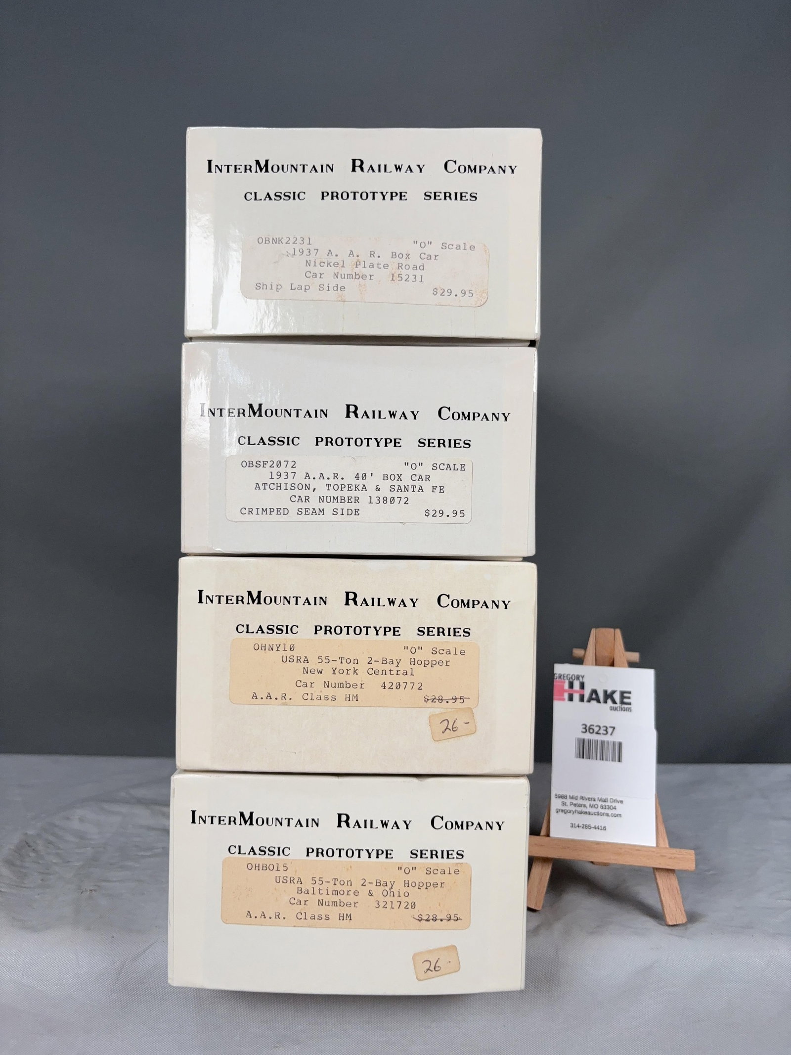 InterMountain Railway Company Set of 4 O Scale w/OB's: InterMountain Railway Company Set of 4 O Scale w/OB's: 1937 40' AAR Boxcar Nickel Plate Road 15231,�1937 40' AAR Boxcar Atchison, Topeka & Santa Fe 138072,�USRA 55 Ton 2 Bay Hopper New