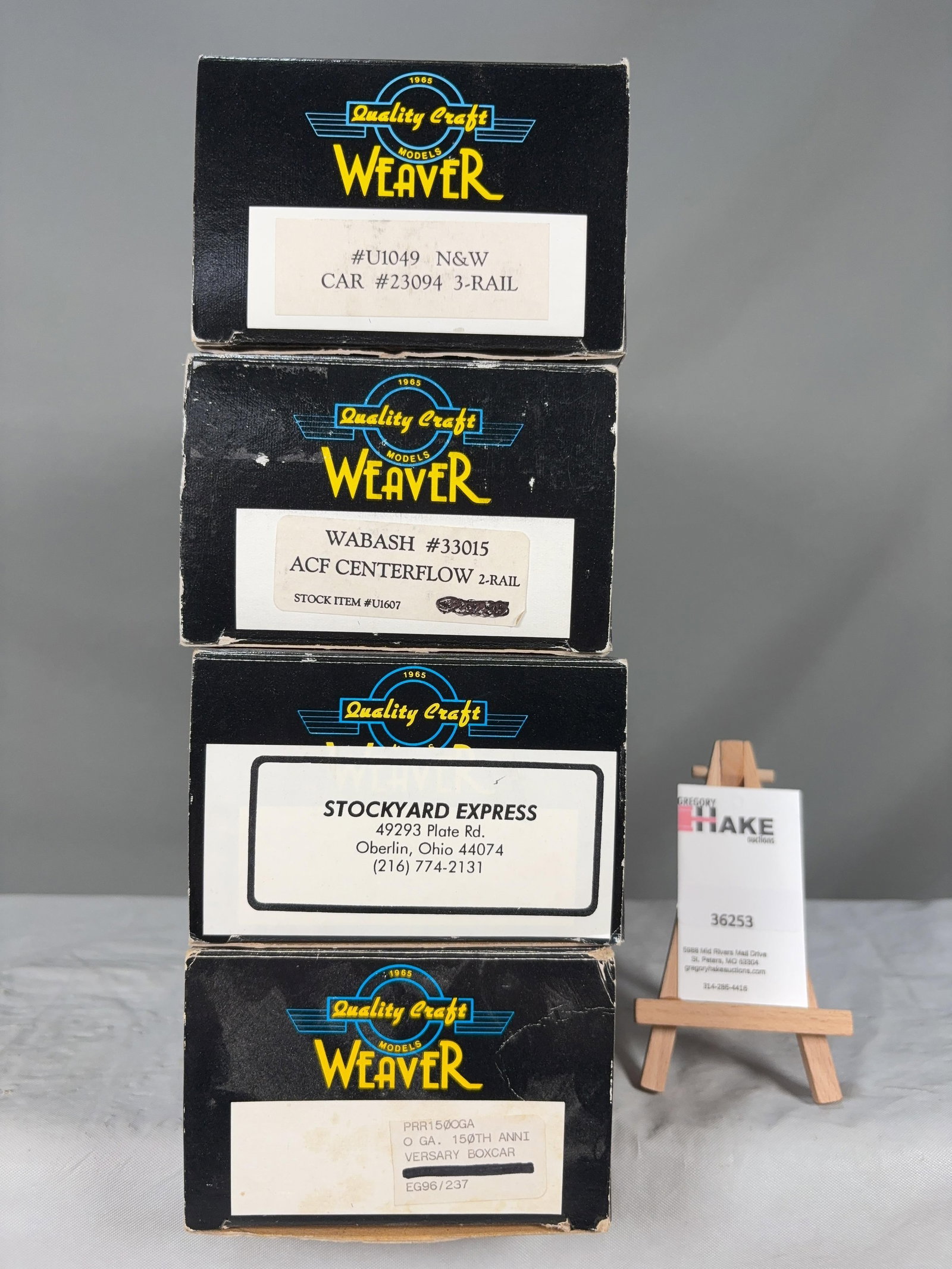 4 Weaver Cars w/OB's: 4 Weaver Cars w/OB's 2ea N&W, Wabash ACF Centerflow, Anniversary Boxcar w/OB, C8� Size 15x9x6