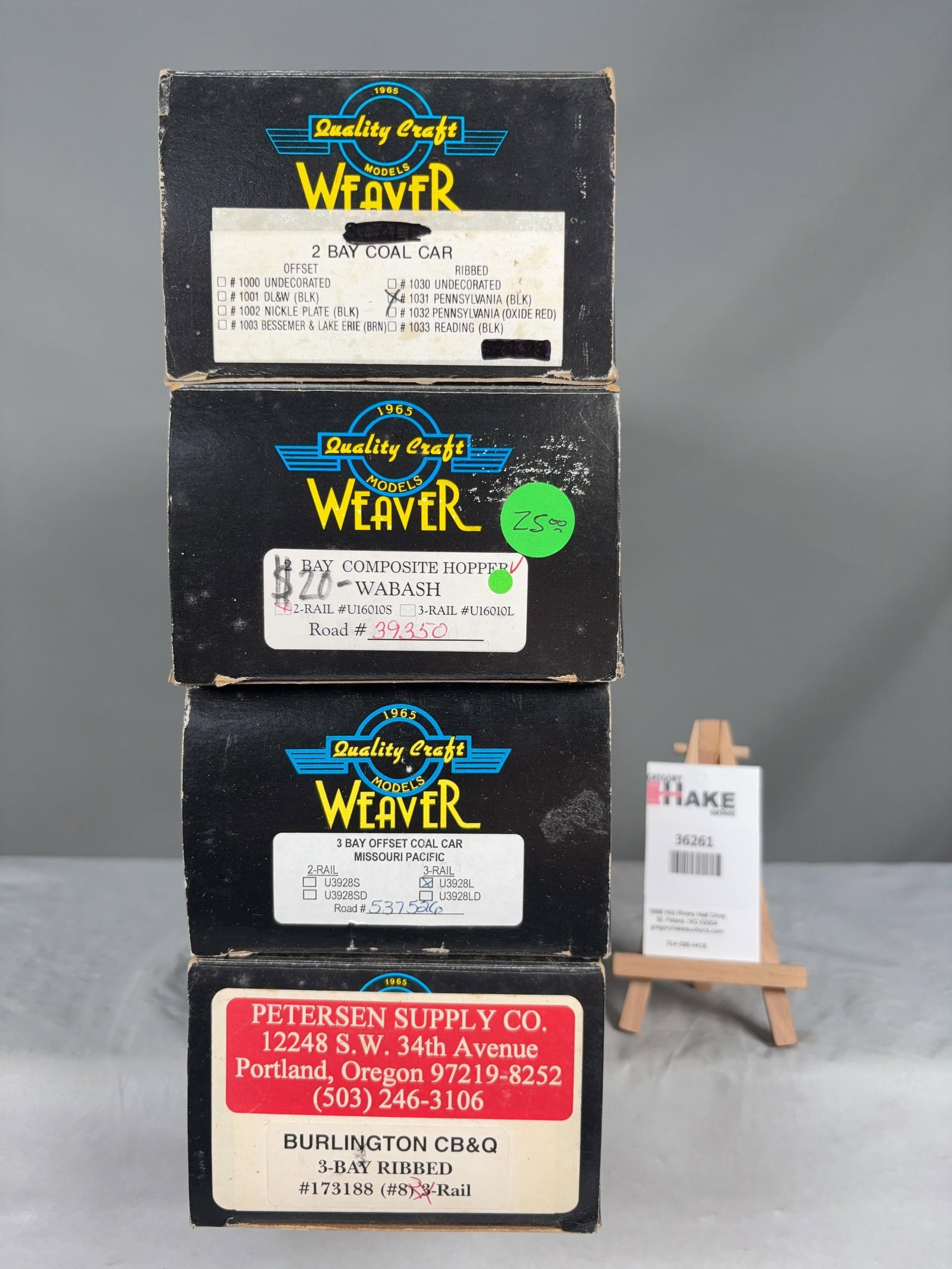 4 Weaver Cars w/OB's: 4 Weaver Cars w/OB's: Penn. Coal Car, Wabash 2 Bay Composite Hopper, MO-PAC Coal Car, Burlington CB&G 3-Bay Ribbed w/OB, C8� Size 15x10x6