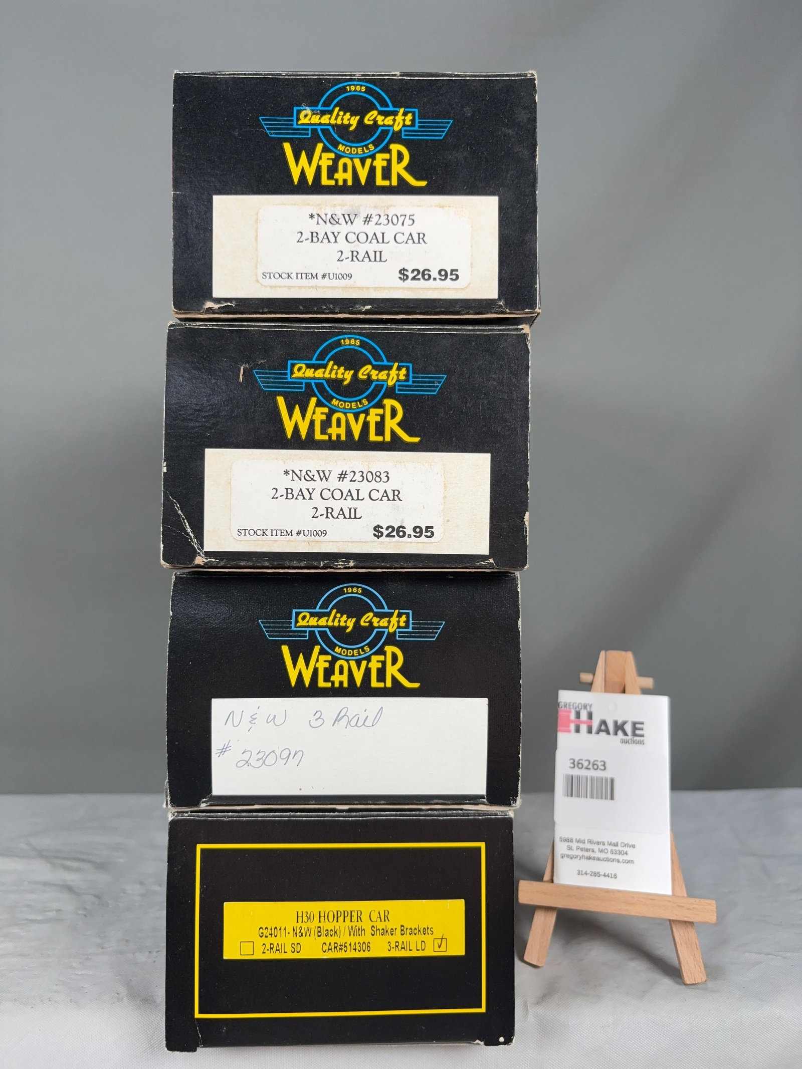 4 Weaver Cars w/OB's: 4 Weaver Cars w/OB's: 2ea N&W 2-Bay Coal Cars, N&W 3-Rail, N&W Hopper w/OB, C8 Size 15x10x6