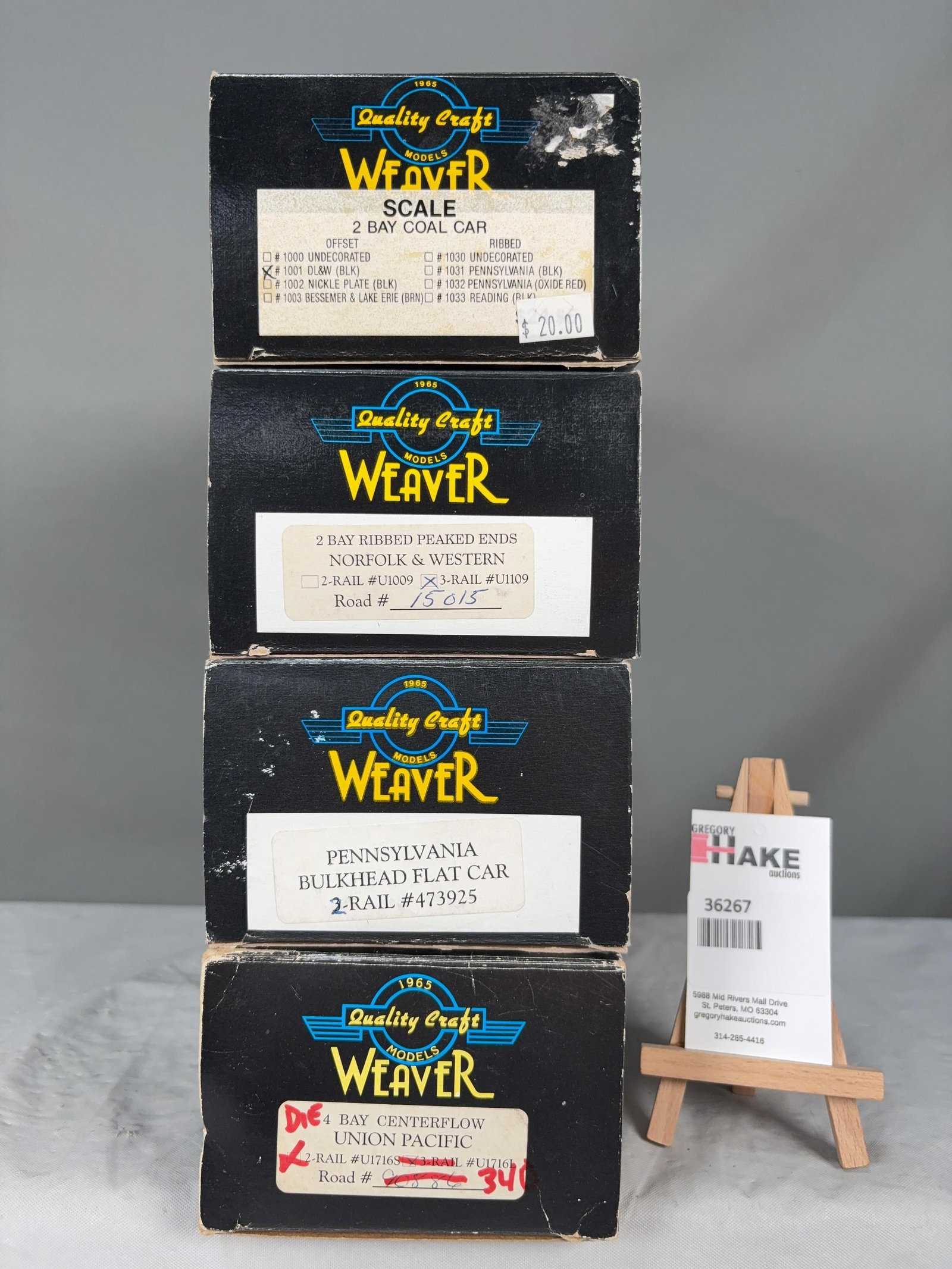 4 Weaver Cars w/OB's: 4 Weaver Cars w/OB's: Scale 2-Bay Coal Car, N&W 2 Bay Ribbed Peaked Ends, Penn. Bulkhead Flat Car, UP 4-Bay Centerflow w/OB, C8 Size 15x10x6
