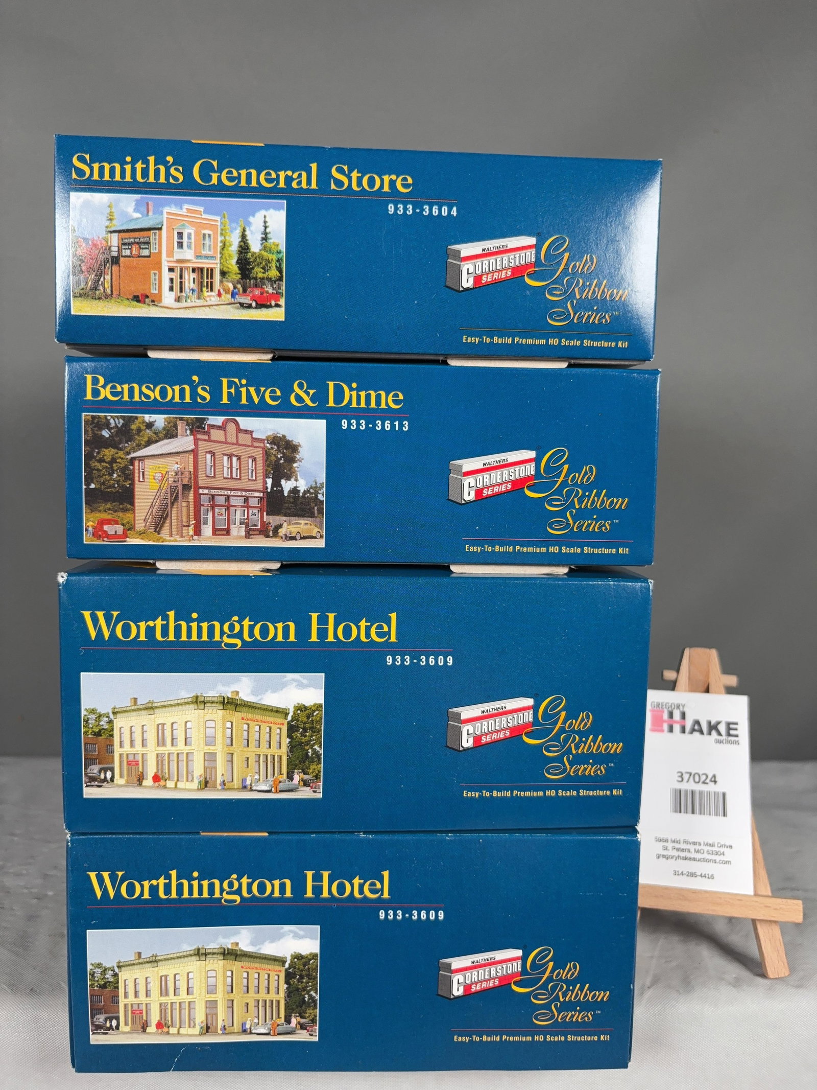 4 Walthers Cornerstone Series Building Kits w/OB: 4 Walthers Cornerstone Series Building Kits w/OB. Smith's General Store 933-3604, Benson's Five and Dime 933-3613 and two Worthington Hotels 933-3609, C9. Size 11x7x11