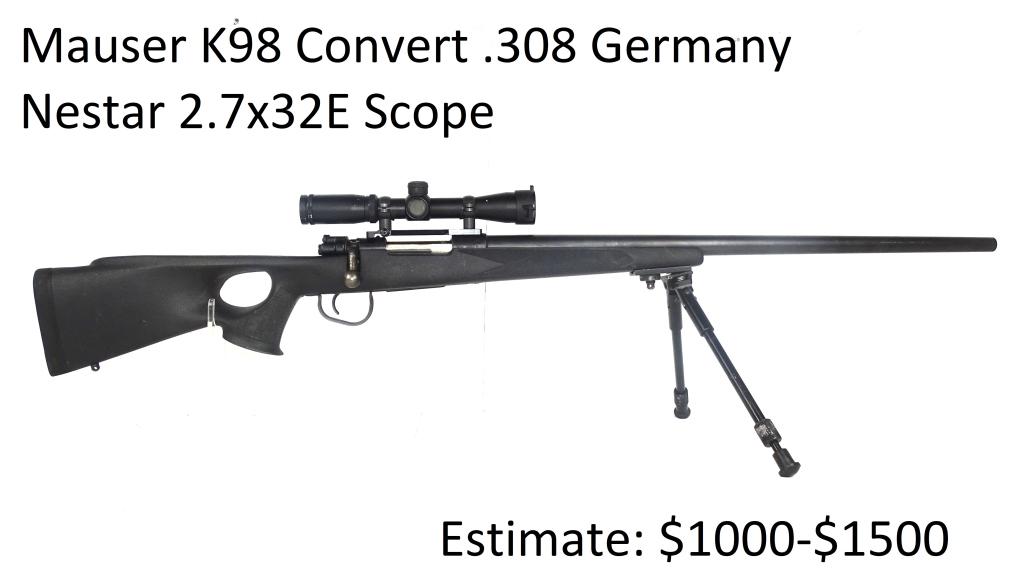 Mauser K98 Convert .308 Germany Rifle: Nestar 2.7x32E Scope