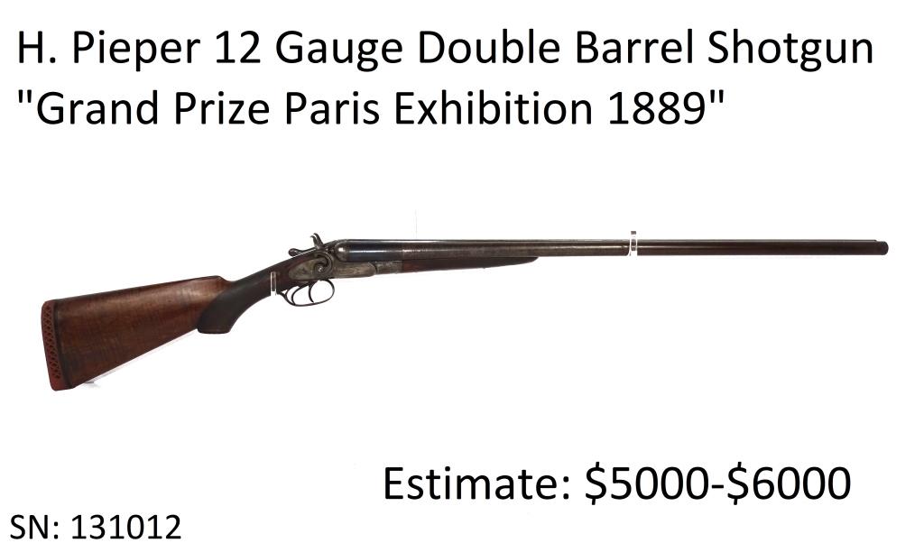 H. Pieper Double Barrel 12 GA Shotgun: Made in Belgium, 80% Original Finish, Color Casing, "Grand Prize Paris Exhibition 1889" Stamped on Barrel, RARE