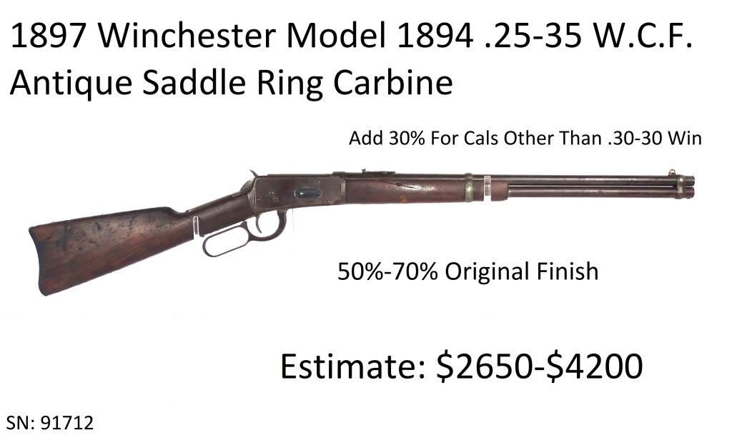 1897 Winchester Model 1894 .25-35 Saddle Ring Carb: Antique Saddle Ring Carbine, 50%-70% Original Finish, .25-35 W.C.F.