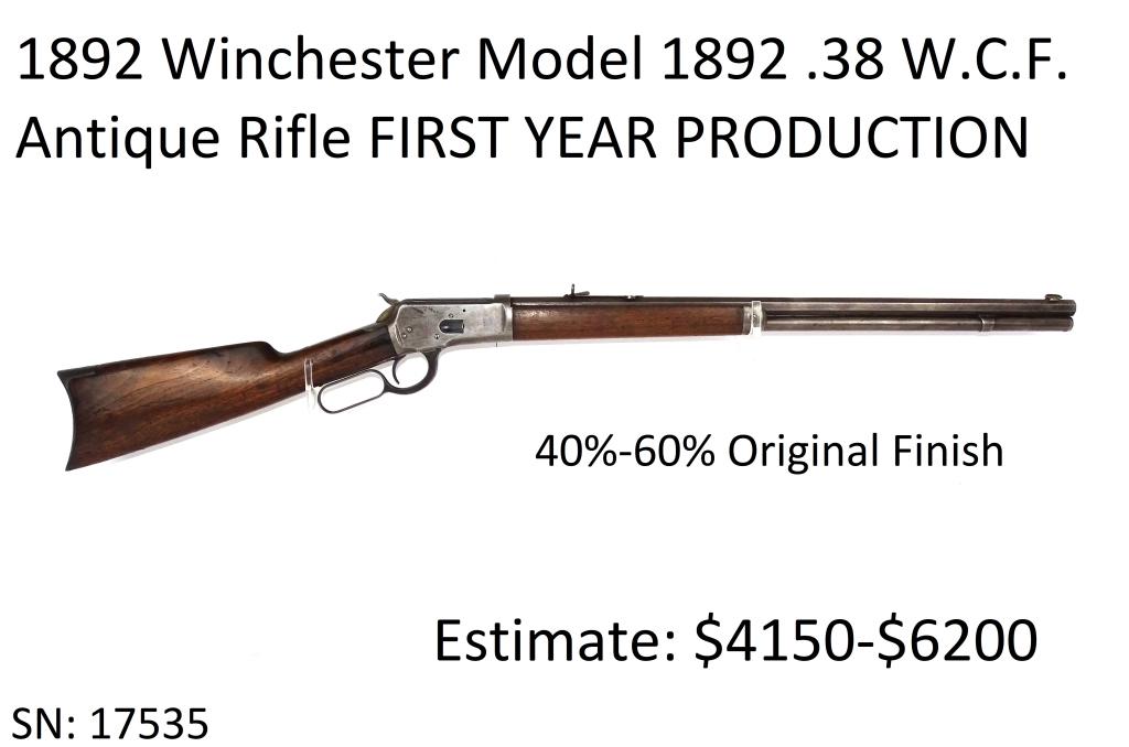 1892 Winchester Model 1892 .38 W.C.F. Rifle: Antique, 40%-60% Original Finish, First Year Production, Low Serial Number, RARE
