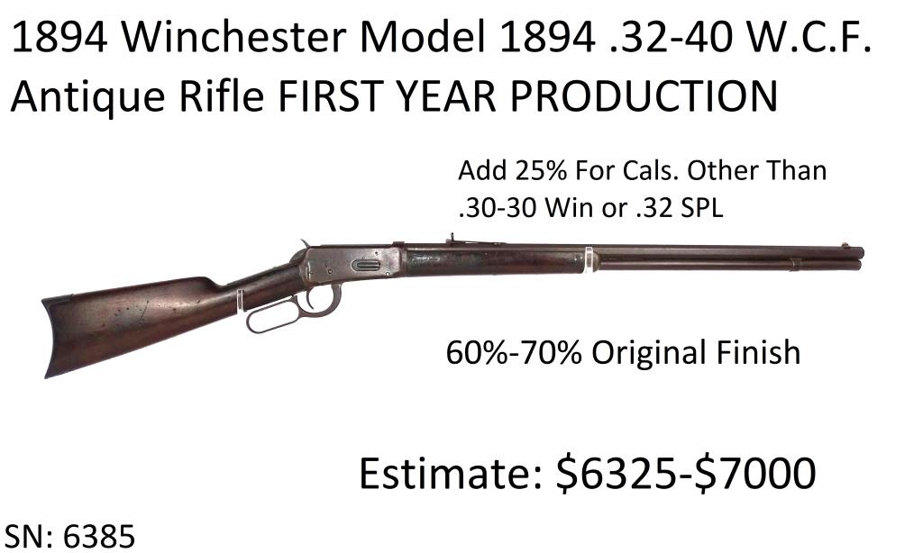 1894 Winchester Model 1894 .32-40 W.C.F. Rifle: Antique Rifle, First Year Of Production, 60%-70% Original Finish
