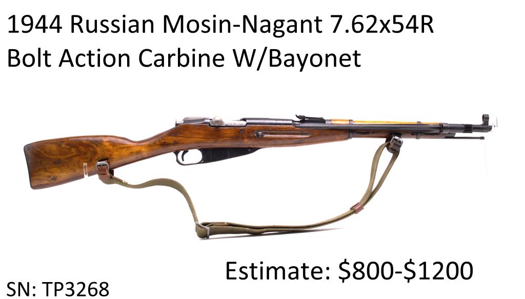 1944 Russian Mosin-Nagant 7.62x54R Carbine: Bolt Action, Bayonet, All Original, Serial Number: TP3268