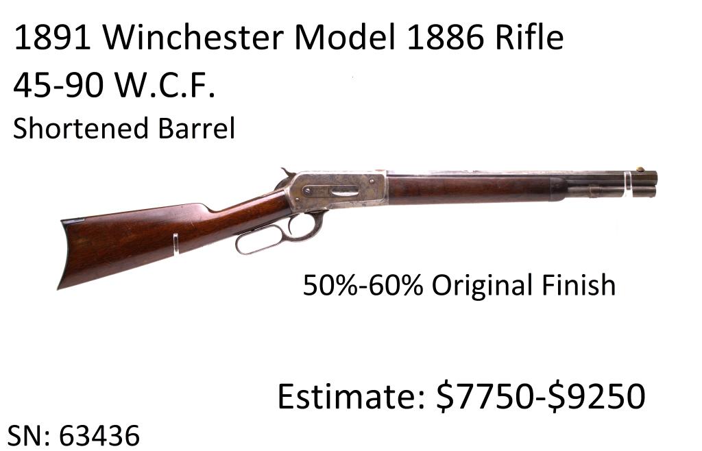 Winchester Model 1886 45-90 W.C.F. Rifle: Shortened Barrel, 50%-60% Original Finish, Serial Number: 63436