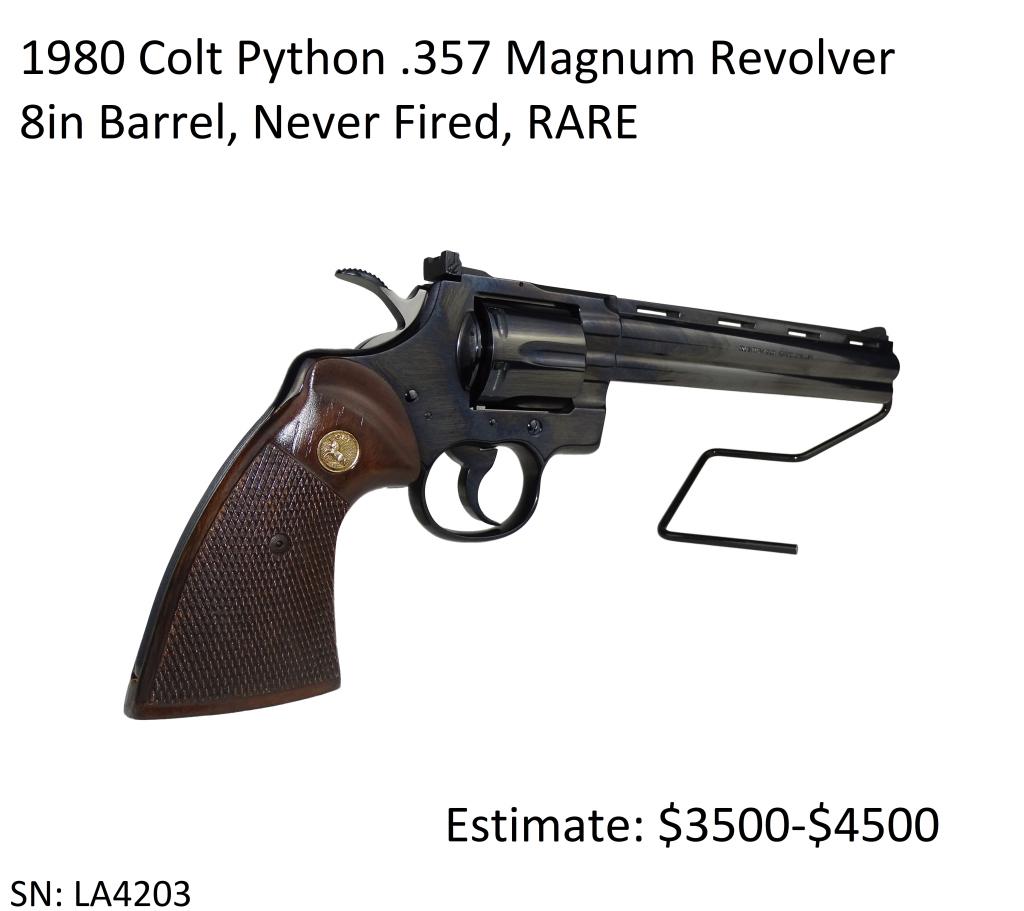 1980 Colt Python .357 Magnum Revolver: 8in Barrel, Never Fired, All Original, RARE