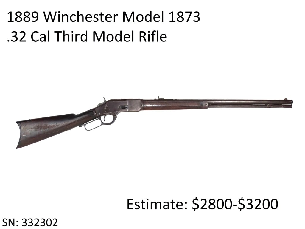 1889 Winchester Model 1873 .32 Cal Rifle: This high condition Winchester Model 1873 Rifle is a third model with the receiver featuring an integral dust cover guide rail and dust cover with rear finger grip serrations. Dovetail blade front sig