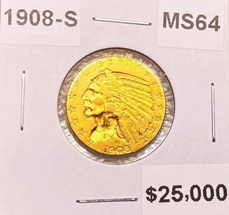 1908-S $5 Gold Half Eagle MS64: 1908-S $5 Gold Half Eagle MS64