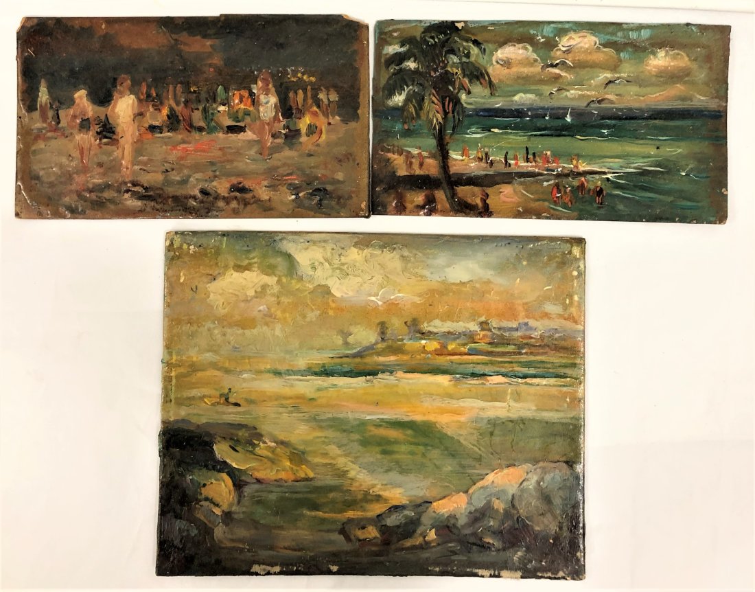 3 Original Vintage Paintings: Three original vintage paintings oil on panel from a NY estate. Beach Scenes . Unframed. Dimensions: 2 measure 8.5 inches wide x 5 inches high. One measures 10 inches wide x 8 inches high. Condition:
