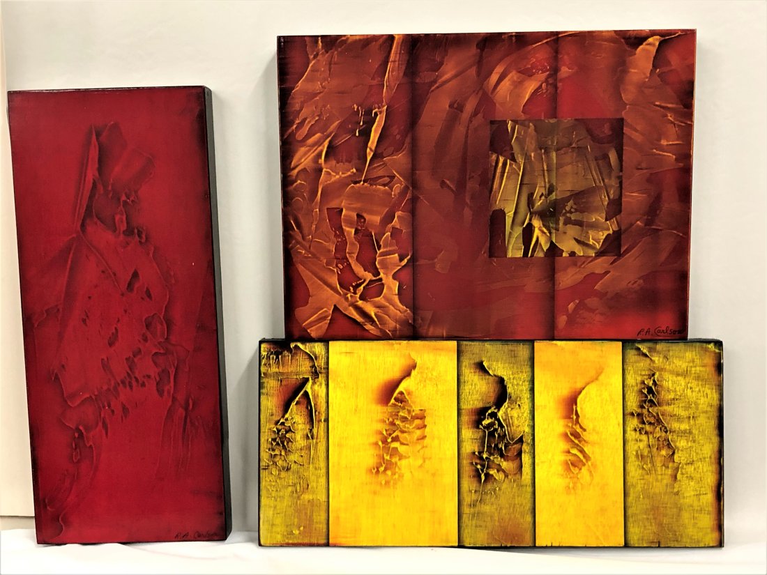 Richard Carlson Original 3 Piece Art Collage Collection: Signed original Richard Carlson collage collection. 3 piece collage oil on board abstract painting. Dimensions: 18 inches x 8 inches x 1.5 inches, 15.5 inches wide x 11.5 inches high x 1.5 inches deep