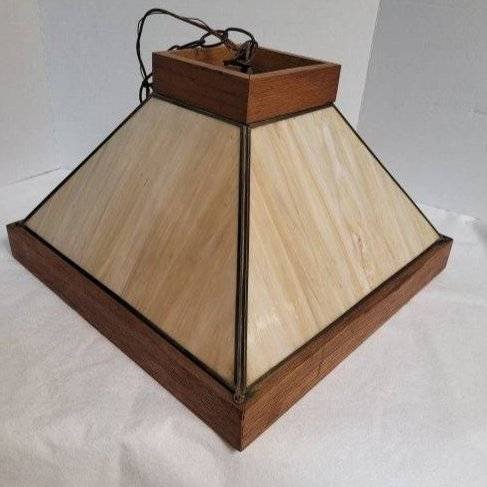 Mission Style Mid Century Vintage Slag Glass Chandelier: Vintage Mission style Mid Century hanging chandelier. Dimensions 17 inches wide x 17 wwide long x 12 inches tall. Condition: Fine. Please feel free to ask for a condition report. Expand photos to see 