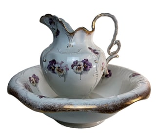 Vintage Victorian-Style Water Pitcher with Bowl, Violet Flowers