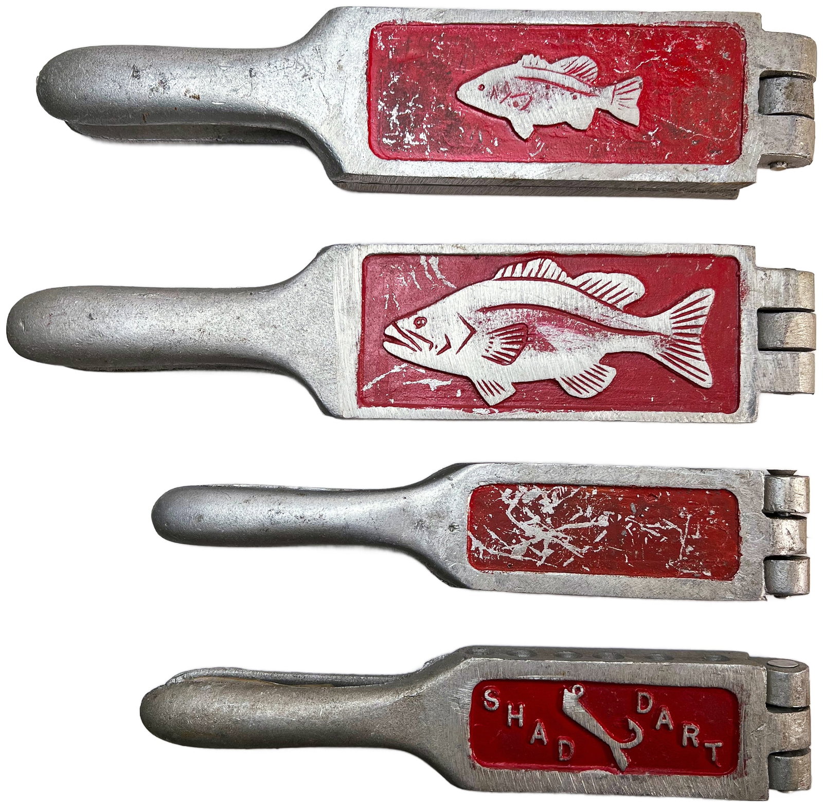 Lot of 4 Vintage Single Sinker Fishing Weight Molds: A set of four vintage molds for crafting single lead fishing weights, ideal for bass fishing enthusiasts. Sizes range from 8" to 10" in length, offering versatile options for collectors or anglers ali