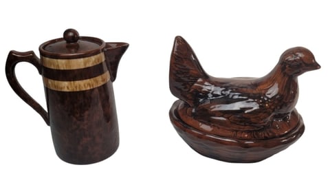 Pair of Redware Ceramic Jug and Chicken Pieces