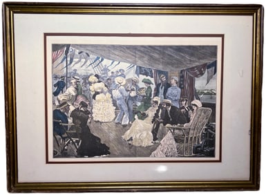 Antique Framed French Print Party Scene by Manuel Robbe