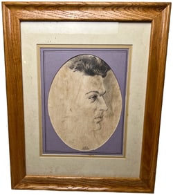 Mid Century Framed Charcoal Portrait of a Young Man in Profile