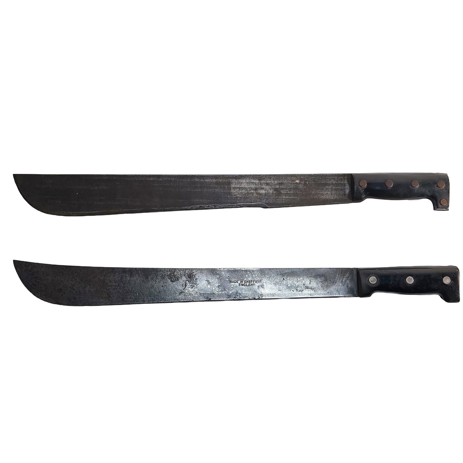 Pair of Vintage Military Machetes - Japan and England: This pair of vintage military machetes includes one from Japan, stamped "Veritas El Glorie" (partially visible), and a WWII British machete made in Sheffield, England. Each measures approximately 23"L