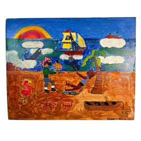 Tropical Pirate Beach Scene Folk Art Painting by Albert Barry