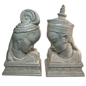 Pair of Vintage Chinese Ceramic-Crackle Busts