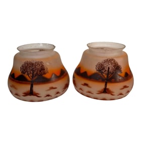 Lot of Two Vintage Handpainted Glass Lamp Shades with Mountain Lake Scene