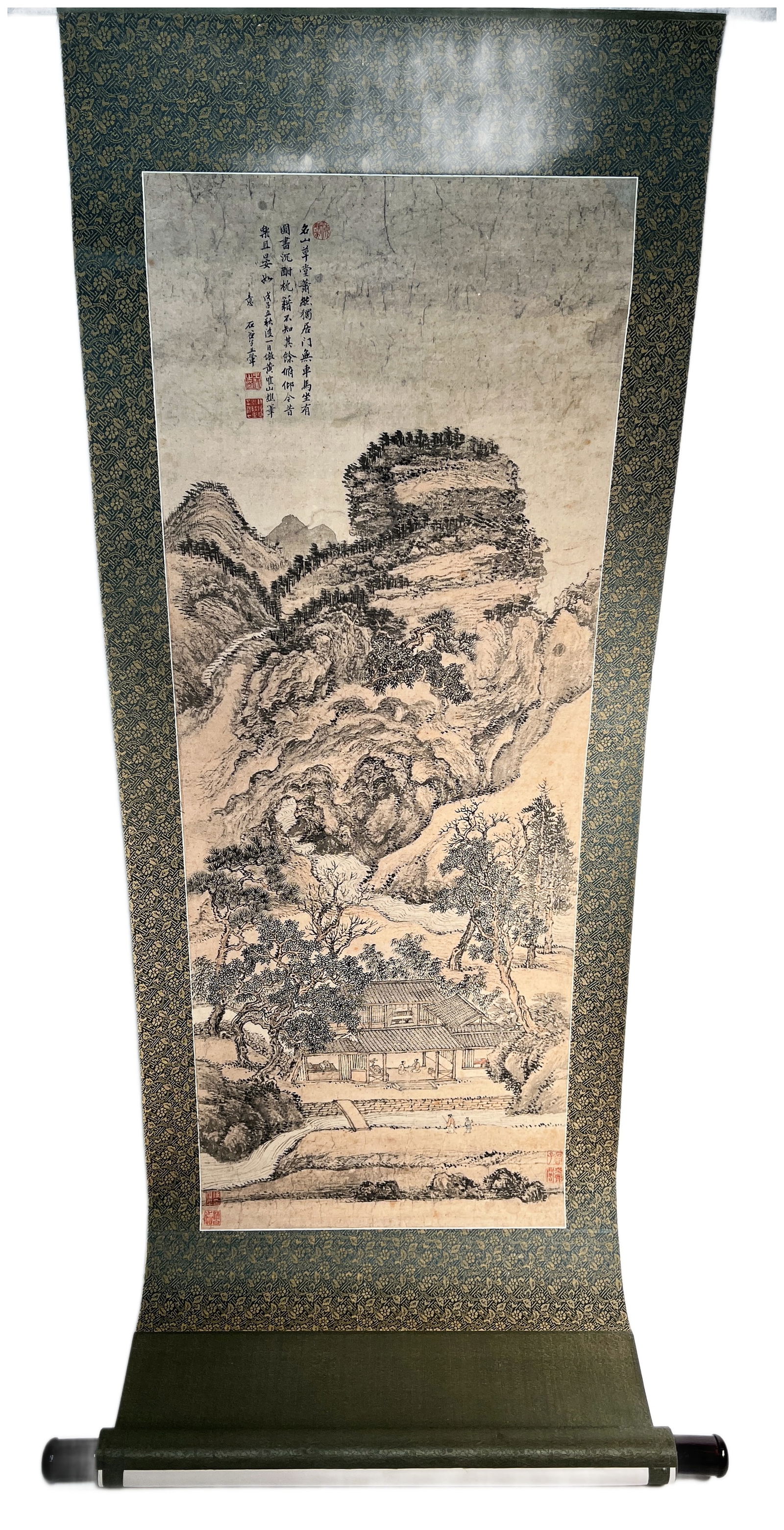Chinese Scroll Landscape Print - Wang Hui Shan Shui: This Chinese scroll print, inspired by Wang Hui’s Shan Shui style, measures 45"H x 21"W and depicts a detailed ink landscape with mountains, trees, and a traditional village nestled by a river. Fram