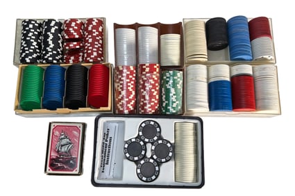 Lot of Vintage Poker Chips and Nautical-Themed Playing Card Set