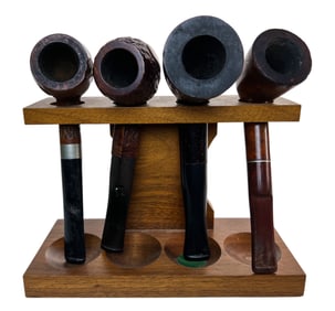 Set of 4 Vintage Tobacco Pipes with Wooden Stand