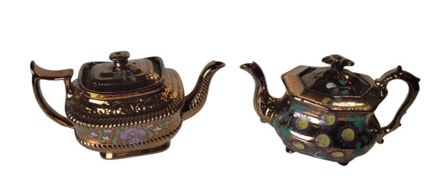 Two Antique Copper Luster Tea Pots