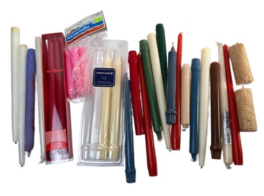 Boxed Lot of Candles in Various Colors and Shapes