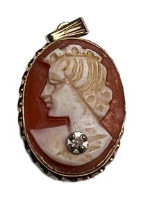 Vintage Cameo 10K Gold Charm for Necklace: Measures approximately 0.75"H x 1.25"W